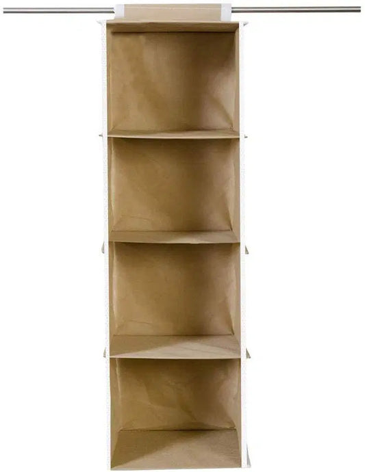 Hanging cloth organizer with four shelves for wardrobe storage, featuring multiple compartments for clothes and accessories.