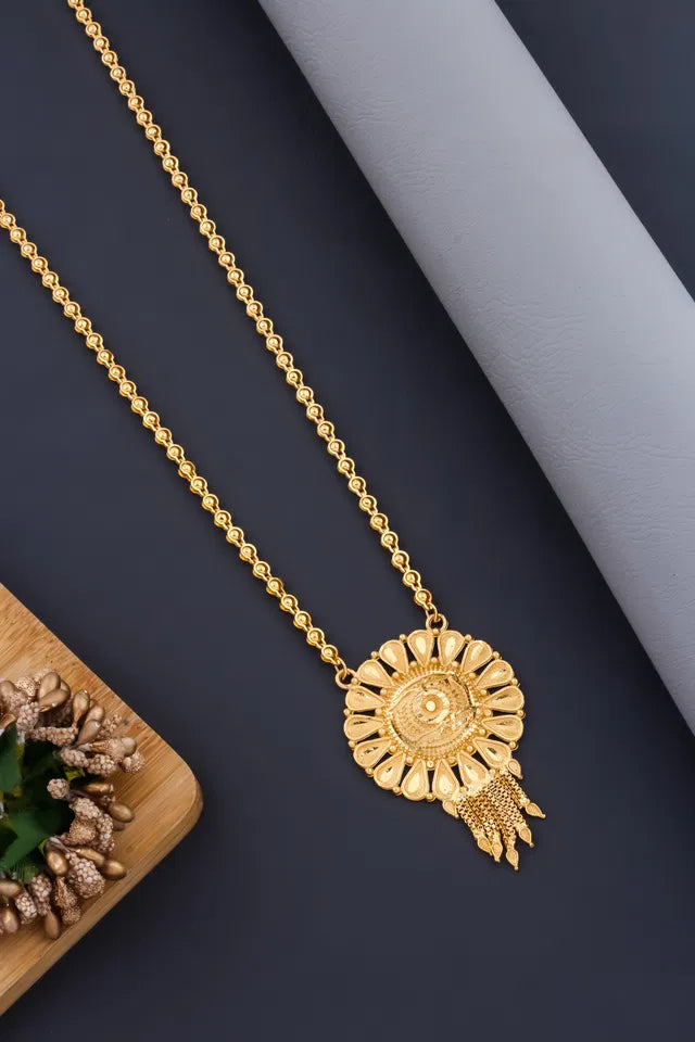 Gold-plated Ki Mala design with Moti Chen Ladi for women, featuring a long Mangalsutra with intricate traditional details.