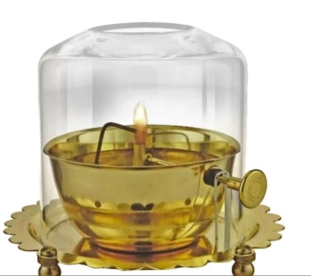 Akhand Diya lamp with adjustable wick, glass enclosure, traditional diya lamp for festive lighting, by 25960.