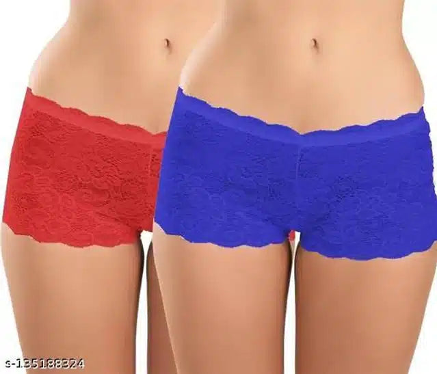 Set of two women's briefs in red and blue by 8588, featuring comfortable net fabric and a relaxed fit in size large.
