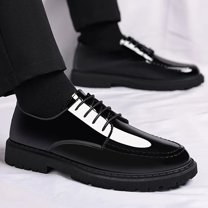 Mens shiny black lace-up party and formal shoes, casual style with polished finish from brand 34608, shown on a white background.