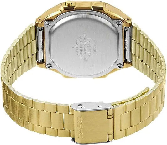 Casio unisex men's digital watch with black band and digital display, showing time and date on a sleek, modern design.