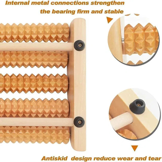 Wooden foot massage roller from 19357, showing smooth wooden rollers designed for relaxing foot massage therapy.