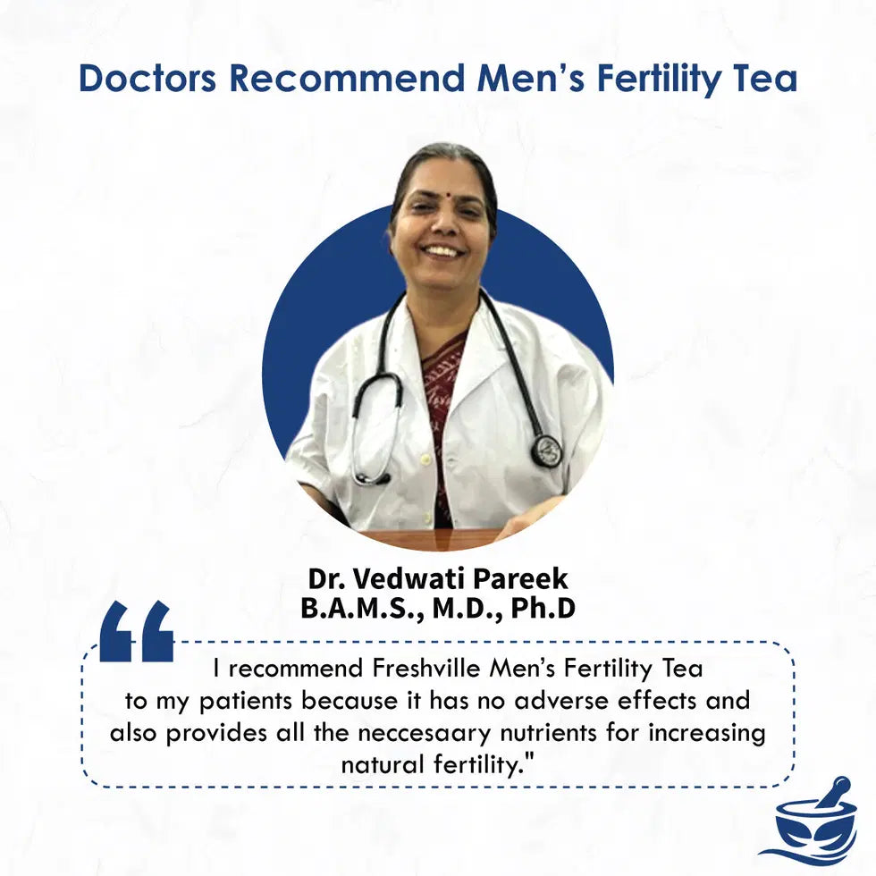 Freshville Men Fertility Tea in a ceramic tea pot, natural herbal tea for men's reproductive health, with a rustic wooden table background.
