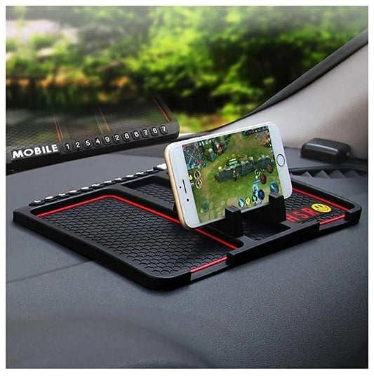 18057 car mobile holder with anti-slip silicone pad, designed for dashboard mounting, showcasing a secure grip on a smartphone.