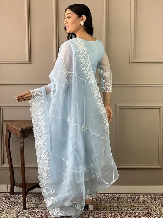 Elegant women's kurta set with matching dupatta and bottomwear, featuring intricate designs and comfortable fabric.