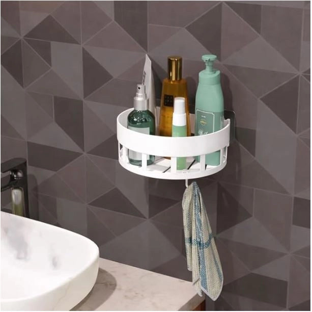 Pair of 35561 corner bathroom shelves mounted in a bathroom for extra storage and organization.