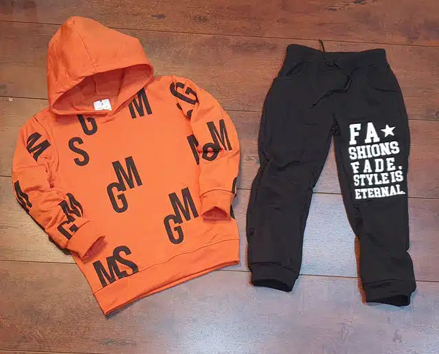 Full sleeves orange and black boys' hooded tracksuit by 8969 for ages 3-4, featuring a comfortable, casual design.