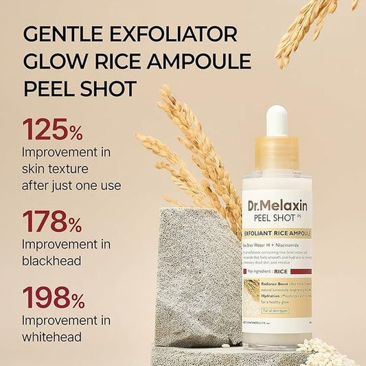 Two 9242 Rice Peel Glow Serum Ampoules in clear bottles with white caps, showcasing their sleek, minimalist packaging.
