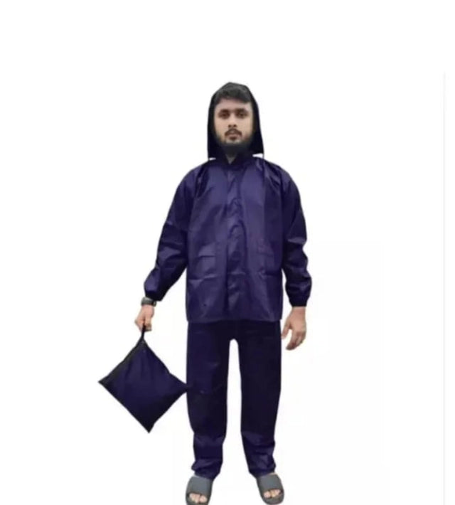 Black polyester solid rainsuit for men in XL size, waterproof raincoat designed for protection in wet weather.