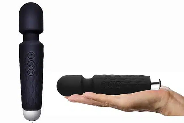 Black rechargeable body massager from 11853, handheld device for muscle relaxation and soothing massage therapy.
