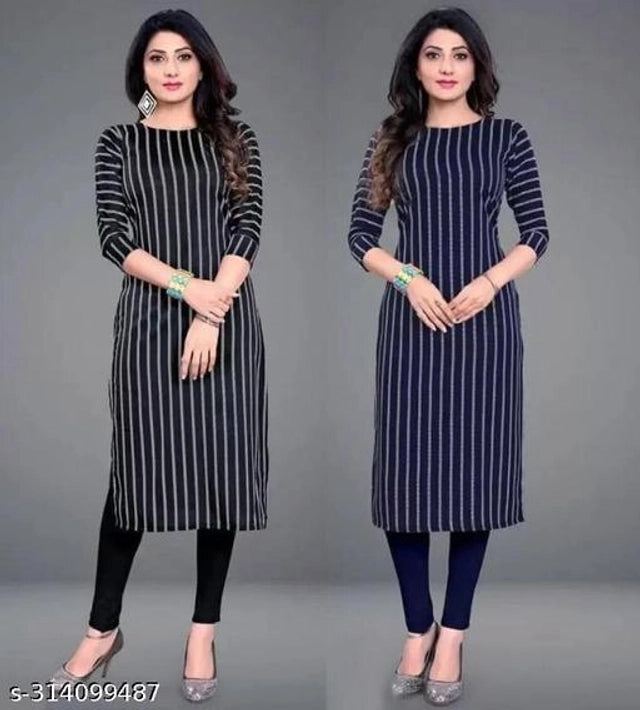 Crepe striped kurti for women by 1457, black and blue, short sleeves, casual wear, size small, pack of 2.