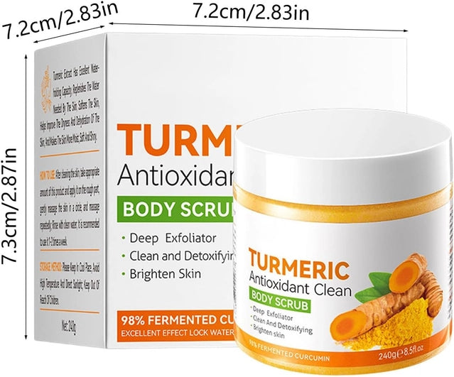 Creamy turmeric and citrus body scrub in a jar, featuring fresh citrus slices and herbal ingredients for exfoliation and skin renewal.