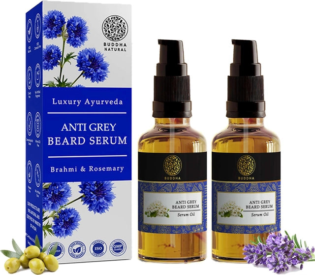 Buddha Natural Grey Beard Serum Oil in a cream gel container, designed for natural herbal beard coloring and grooming.