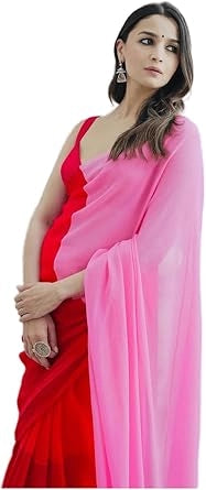 Red and pink colourblocked georgette saree for women, 6.3 meters, by 6706, with intricate drape and elegant design