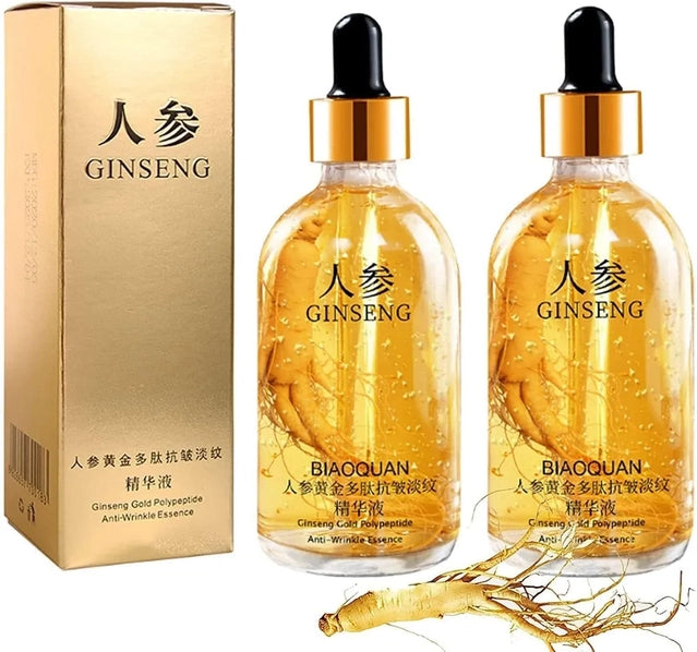 Two 30ml bottles of 18058 Ginseng Gold Anti-Wrinkle Serum in sleek packaging, designed for facial skin rejuvenation and anti-aging.