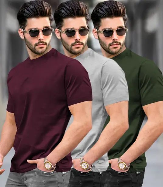 Three men's T-shirts in various colors from 18537 brand, displayed flat with visible necklines and short sleeves.