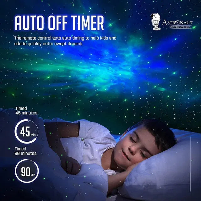 22927 Astronaut Galaxy Projector lamp with 360° magnetic head rotation and remote control, projecting cosmic star patterns.