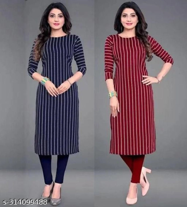 Two women's crepe striped kurtis in blue and red, size small, by 1457, displayed flat with neckline and sleeves visible.