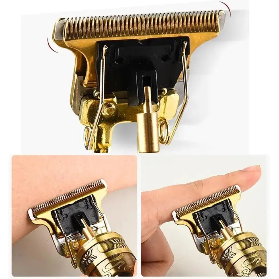 Buddha Electric Pro men's hair trimmer by 1238 with grooming kit, featuring clipper blades and attachments for styling and grooming.
