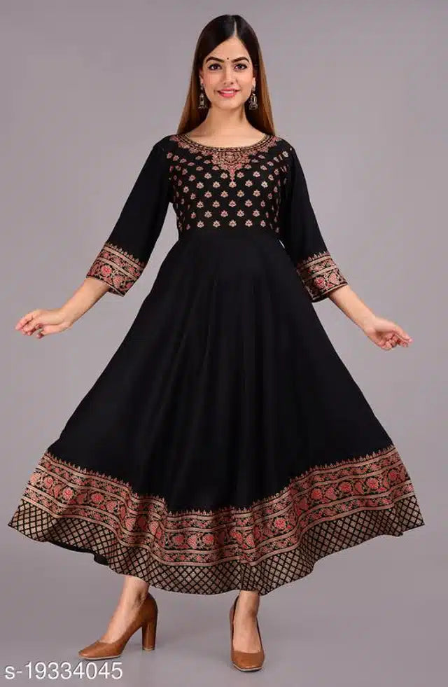 Black rayon printed Anarkali Kurti for women, size small, stylish and comfortable traditional Indian kurti by 14048.