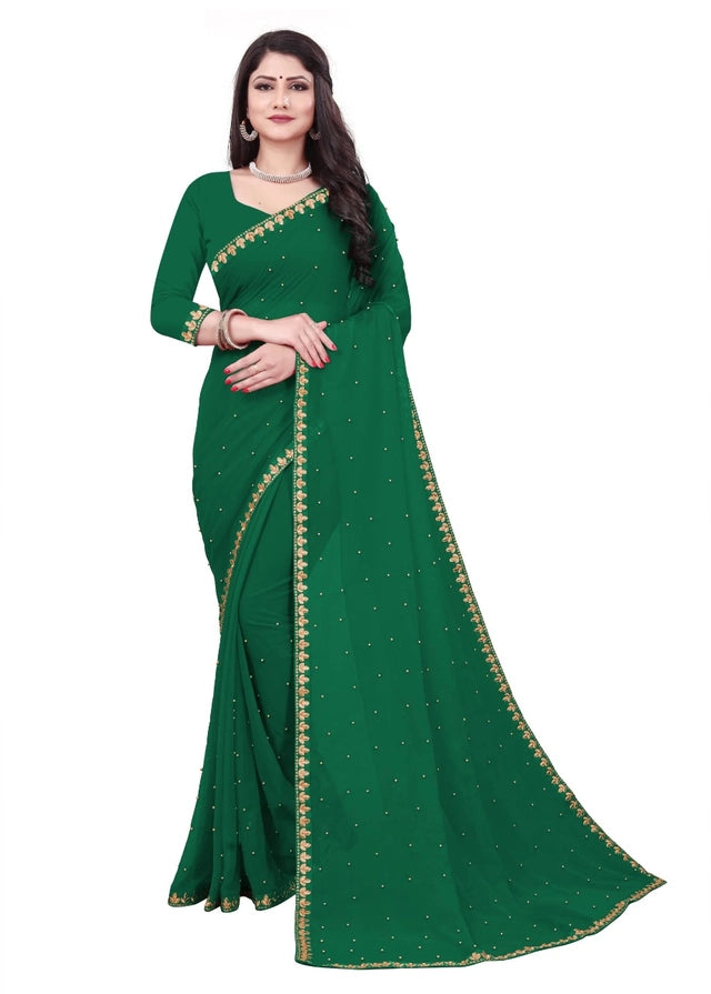 Green lycra blend solid saree for women, 6.3 meters long, showcasing smooth fabric and elegant drape.