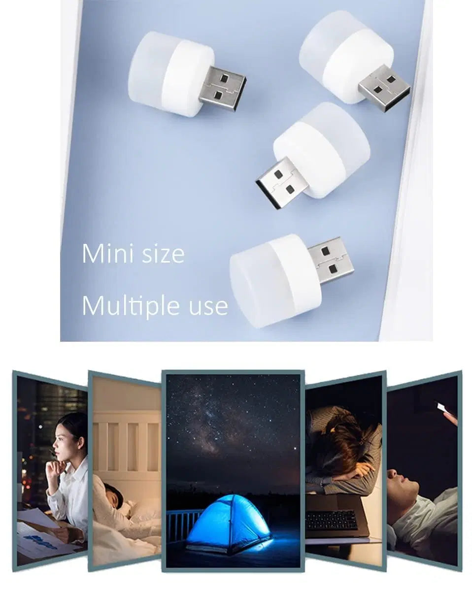 Three white USB night lights by 1238 plugged into outlets, providing soft LED illumination for bedrooms and hallways.