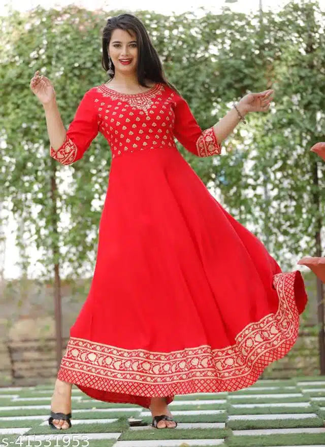 Red rayon printed Anarkali Kurti for women, size small, with intricate traditional patterns, stylish and comfortable ethnic wear.