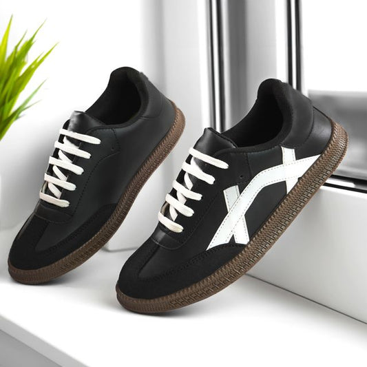 Anjrs 1889 men's casual sports shoes, comfortable running style for boys and men, in black with white accents.
