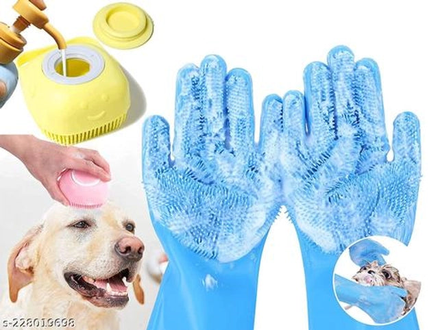 Multicolor silicone dog bath brush with cleaning gloves, set of 2, designed for gentle pet grooming and bathing.