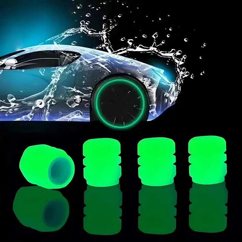 Set of four 1238 tire valve stem caps for cars, with car tire puncture repair toolkit and tools visible in the image.