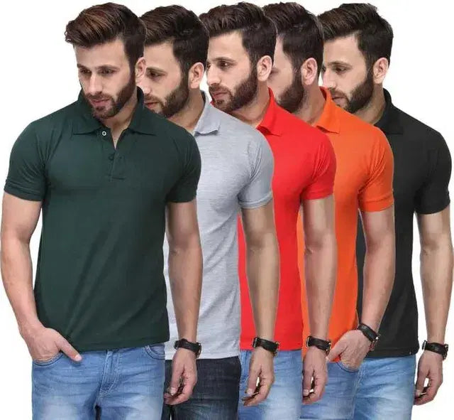 Pack of 5 men's polo T-shirts by 34752, showing various colors and classic fit, neatly folded with collars visible.