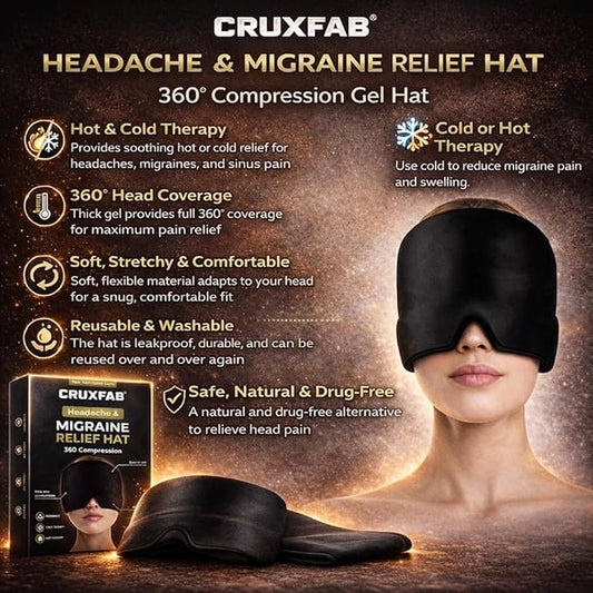 Migraine relief cap for headaches, sinus tension, and stress, designed for men and women, made of soft fabric and adjustable fit.