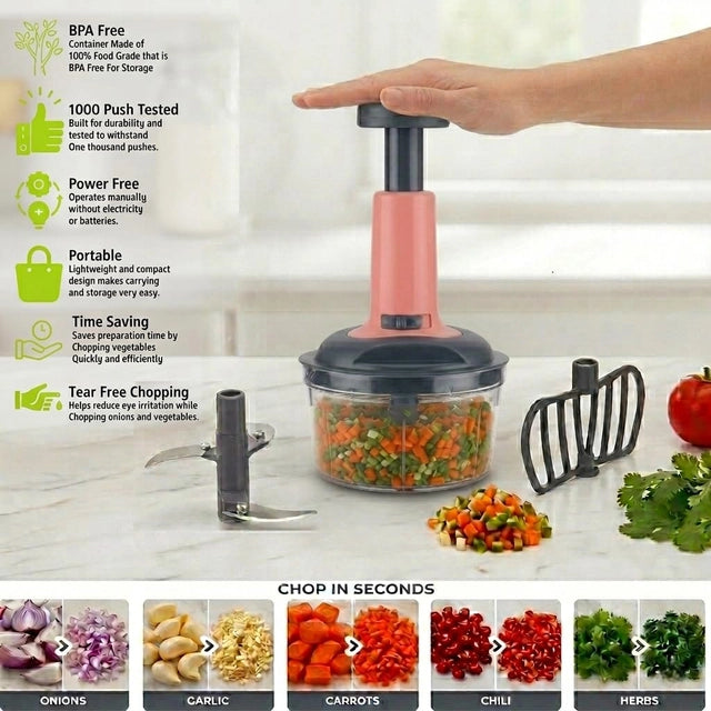 Manual vegetable chopper with 650ml capacity, 3-tier stainless steel blades, compact design, ideal for chopping vegetables efficiently.