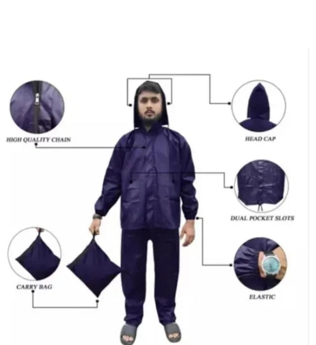 Black men's polyester solid rainsuit from 18594, XL size, waterproof raincoat with hood and full-length design.