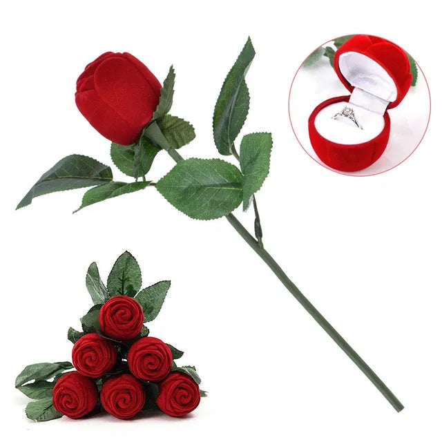 Valentine special adjustable proposal ring with velvet red rose, alloy crystal, platinum plating, included in ring toss set.