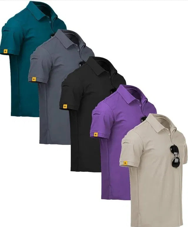 Pack of 5 men's polo T-shirts by 24533, showing various colors and classic collar design, laid flat for display.