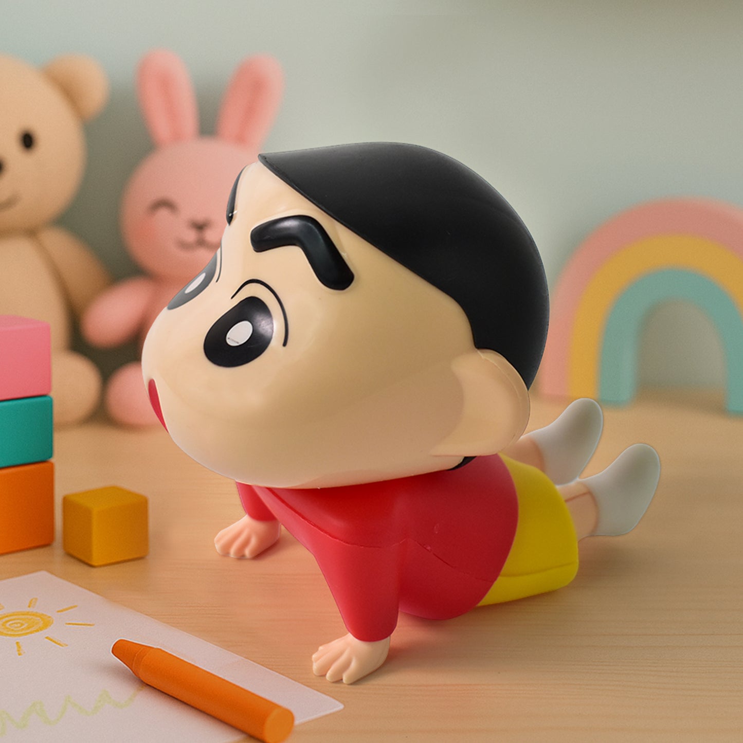 Wukusy Shinchan character sitting figurine, collectible plastic figure featuring Shinchan in a seated pose, detailed and colorful.