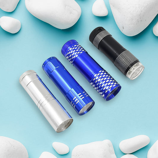 Wukusy portable mini torch with 9 LED bulbs, compact pocket torch for camping, hiking, and outdoor activities, battery operated.