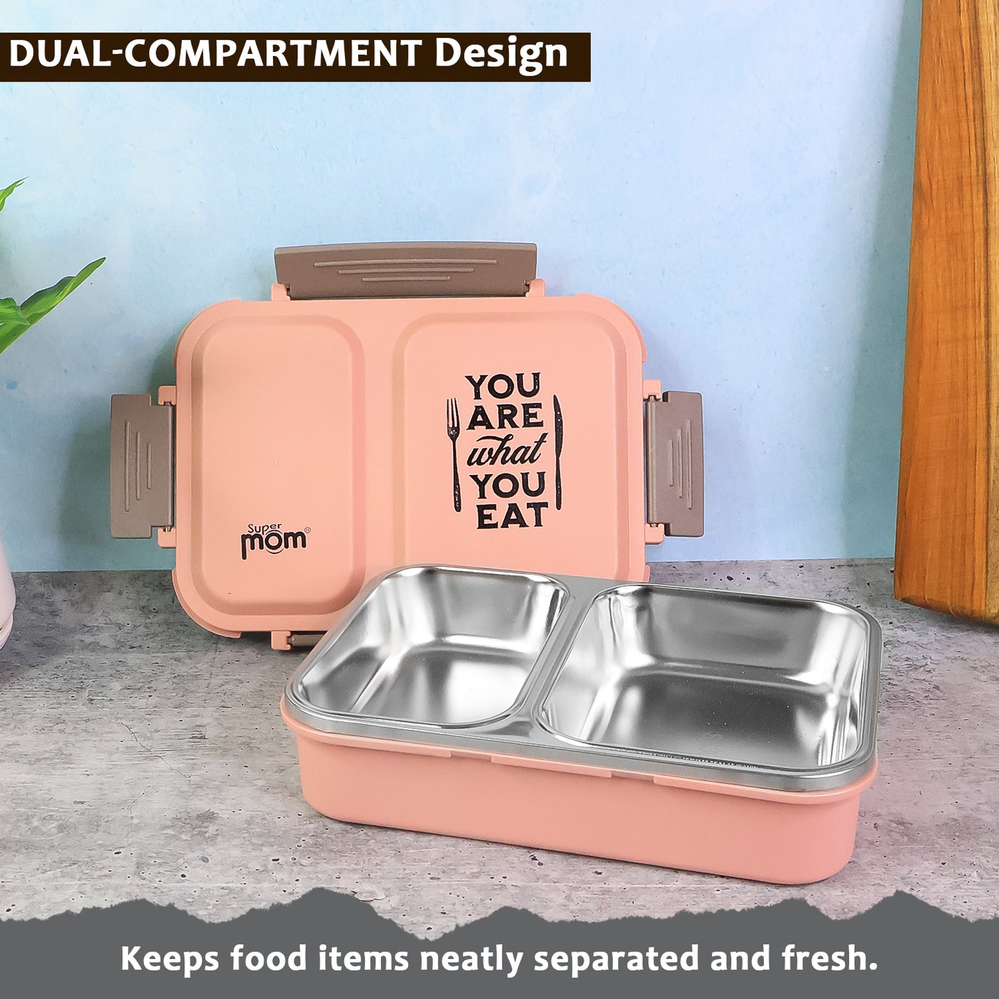 Wukusy Supermom 2 Partition Stainless Steel Lunch Box for home and kitchen use, featuring two compartments and durable stainless steel material.