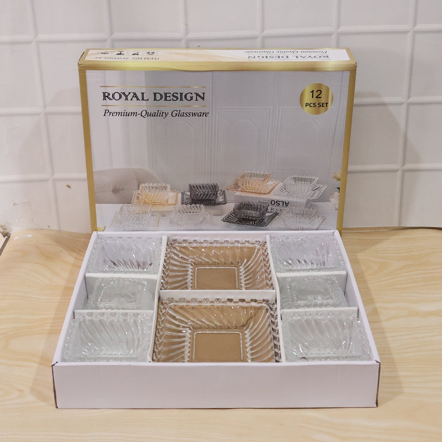 Wukusy Royal Premium glassware serving plate and bowl set with 12 pieces, clear elegant glass dishes for serving and display.