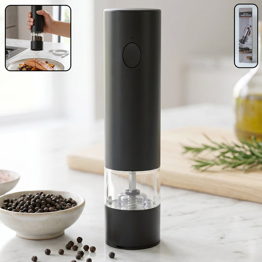 Wukusy electric pepper grinder with USB rechargeable design and one-touch operation, shown with black and stainless steel finish.