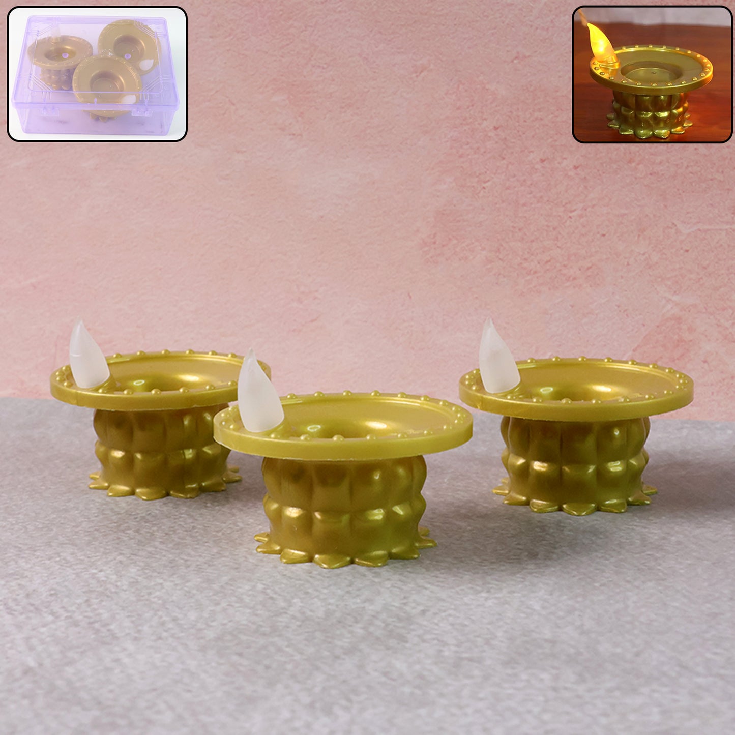 Set of 3 Wukusy water sensor LED golden diyas for home decor, featuring traditional designs with glowing LED lights.