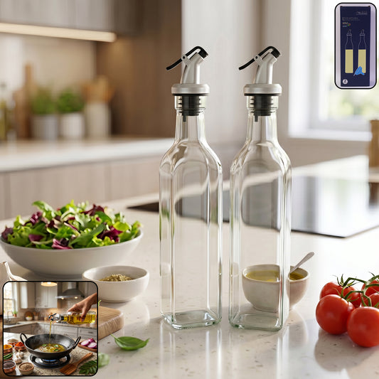 Two transparent Wukusy glass oil dispenser bottles with leak-proof caps, ideal for olive oil and vinegar storage.