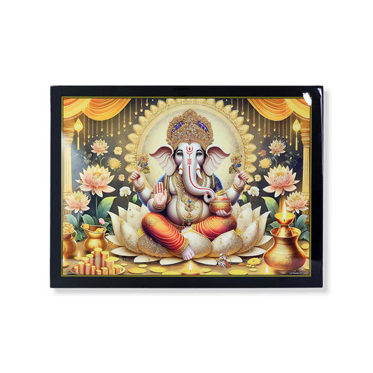 Divine Lord Ganesha wall painting with wooden frame, home decor, mix design, 60x45 cm, by Wukusy.