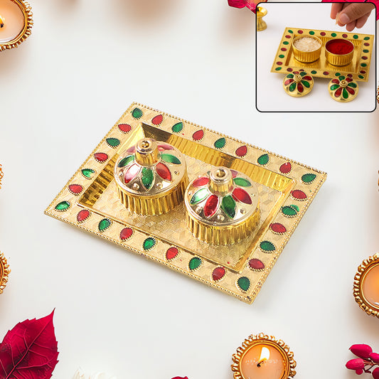Wukusy Rakasha Bandhan Puja Thali with Kumkum holder, decorated for Indian religious ceremonies and Rakshabandhan celebrations