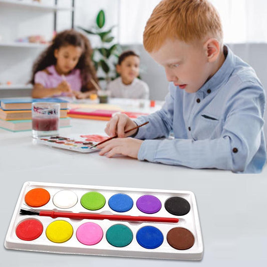 Wukusy 1123 Water Color Painting Kit with 12 shades and paint brush, suitable for children’s art and creative toy activity.