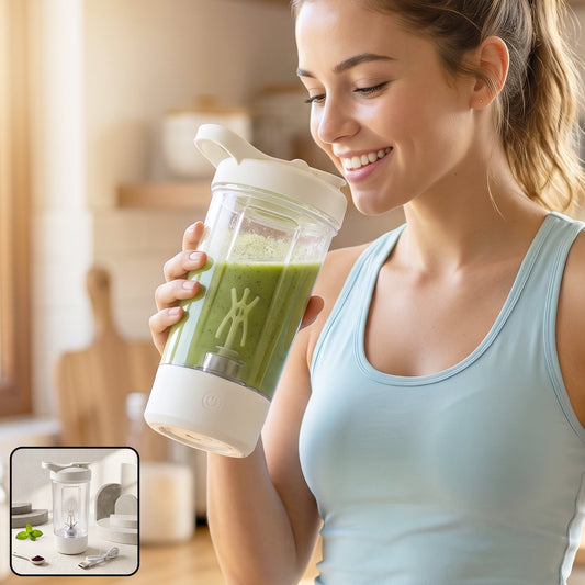 Wukusy 400ml USB rechargeable electric self-stirring protein shaker bottle with mixing lid and clear body for smooth drinks
