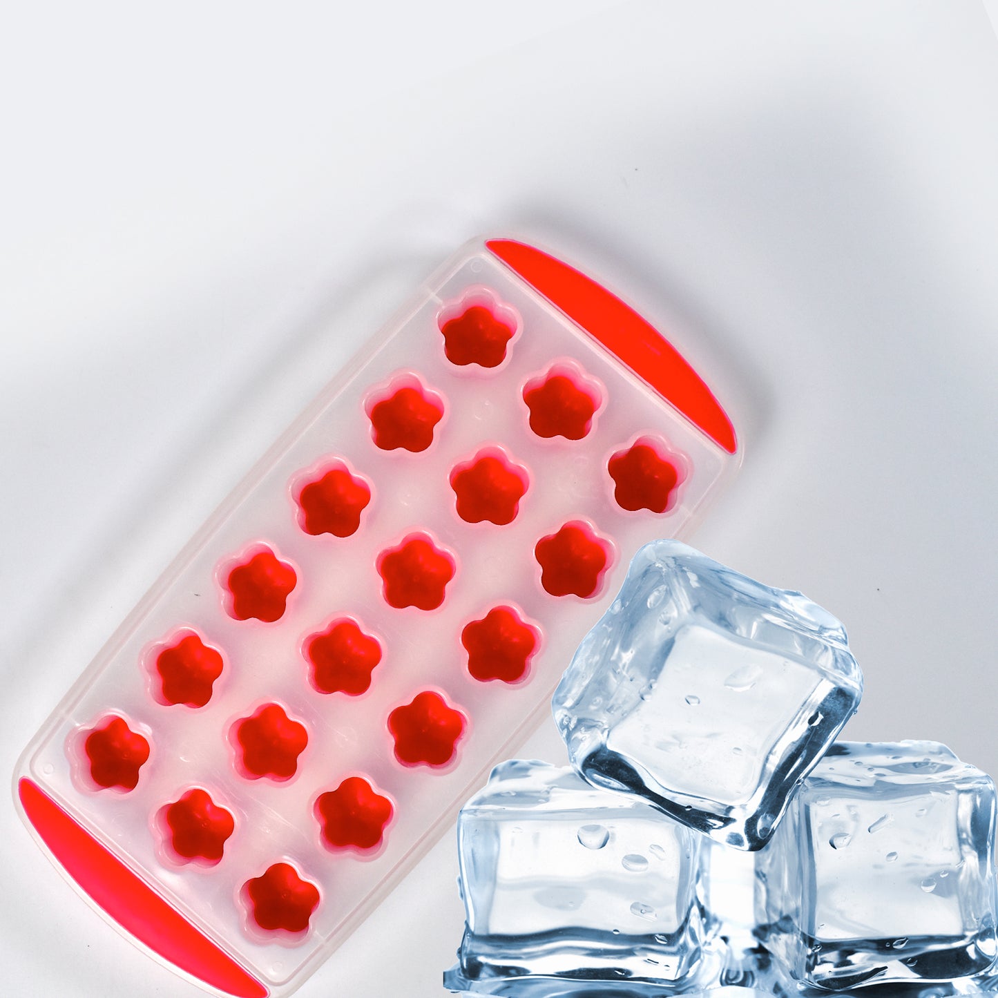 Wukusy 7165 flower-shaped ice mold tray with 18 cavities for making small flower and sphere ice cubes.