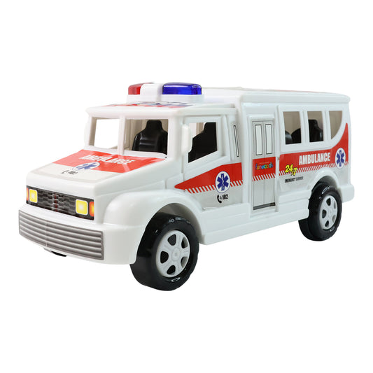 Wukusy Funwoods friction-powered ambulance toy for kids, featuring bright colors and detailed emergency vehicle design.